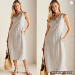 Soft Surroundings Chasia Dress Womens Small Hemp Cotton Striped Midi Tan/White
